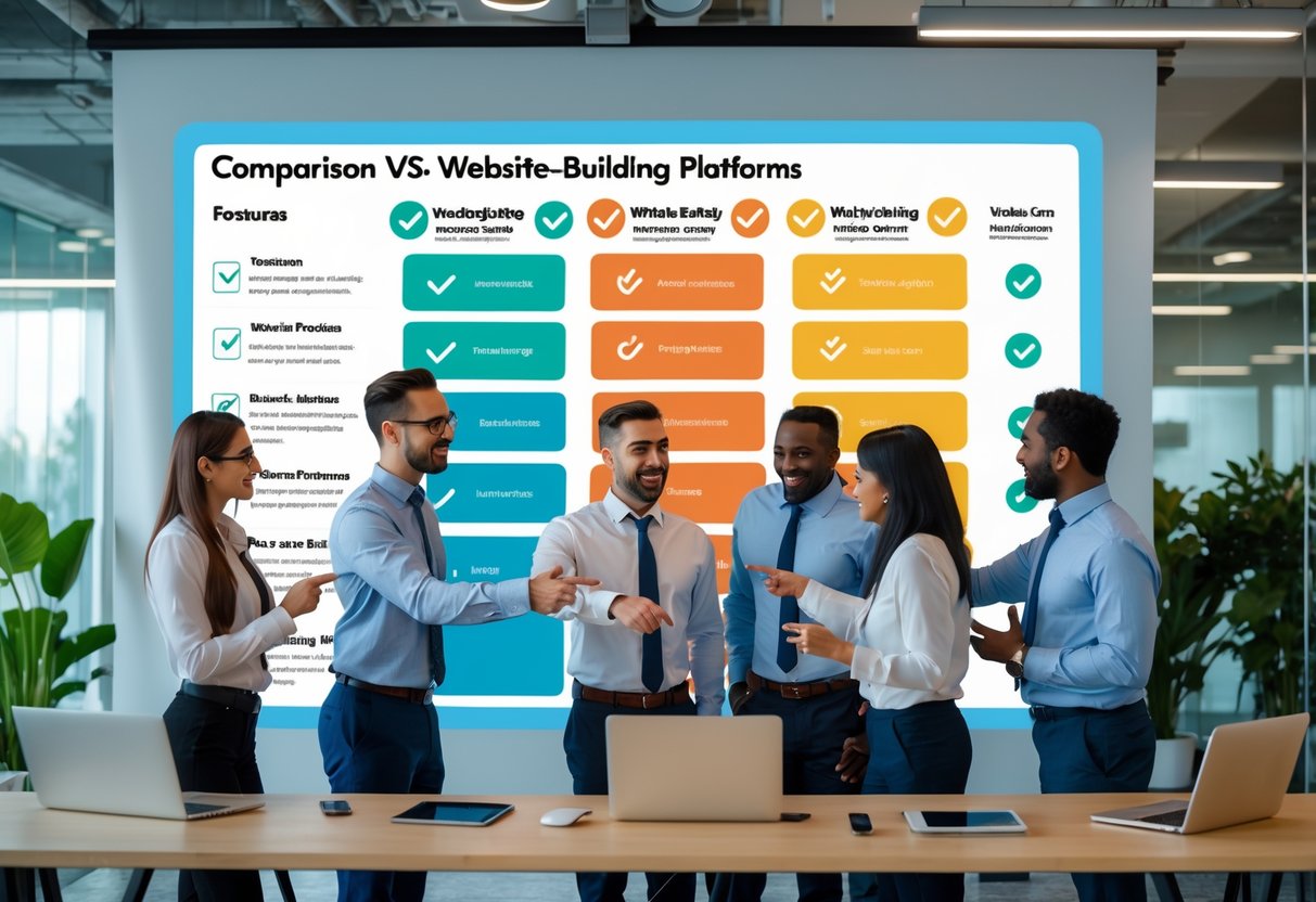 A group of business professionals in a modern office discussing a feature comparison chart displayed on a large screen.