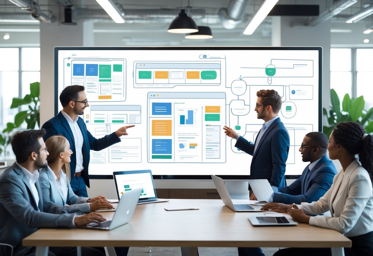 A group of professionals in an office discussing website design concepts displayed on a large screen.