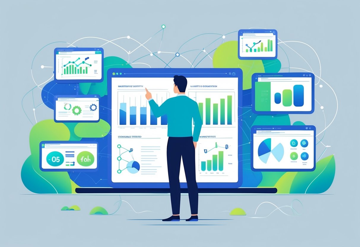 A person analyzing digital charts and data streams surrounded by icons representing marketing elements like customer engagement and innovation.
