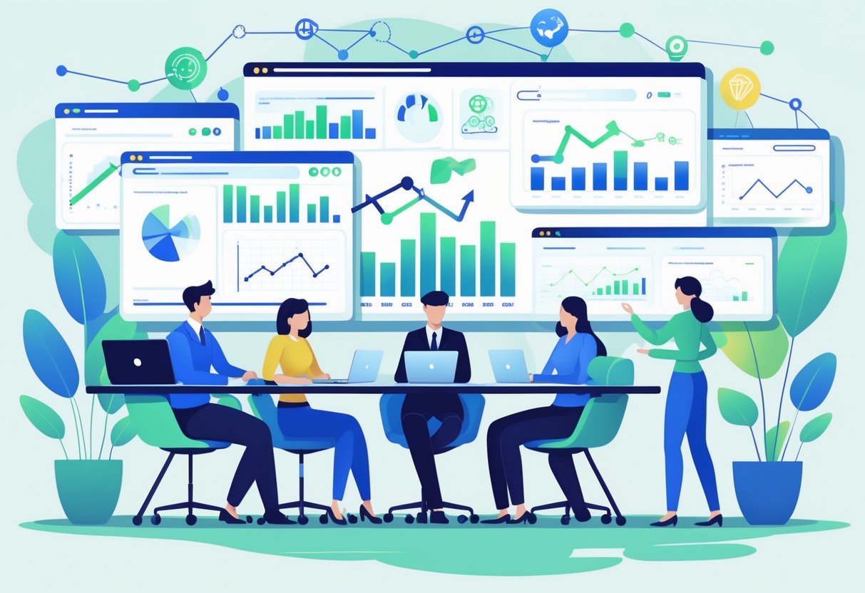 A team of professionals working together around a table with screens showing charts and digital marketing icons representing SEO strategy.