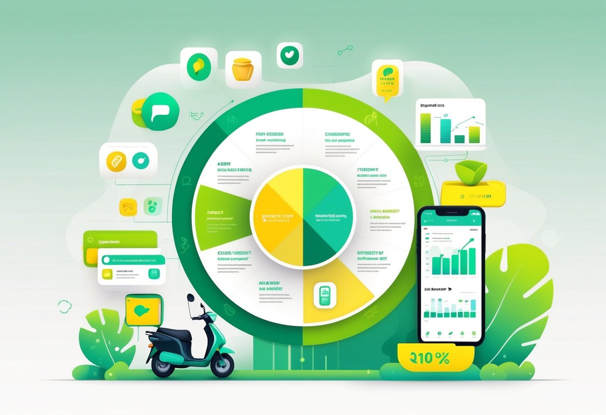 An illustration showing a circular infographic with icons of a smartphone, delivery scooter, social media, discounts, and charts representing a food delivery marketing strategy.