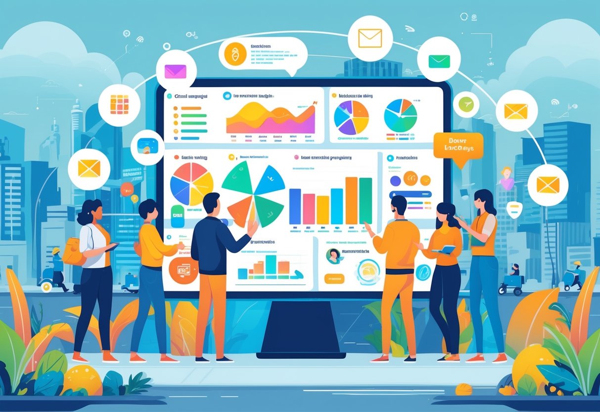 A group of marketers collaborating around a digital table with floating icons representing marketing tactics, with delivery scooters and customers receiving food in the background.