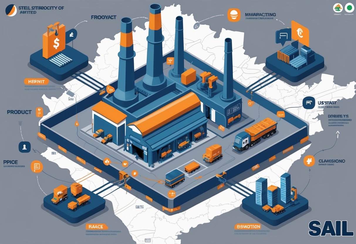 An illustration showing a steel factory connected by pathways to various customer locations, with icons representing product, price, place, and promotion surrounding the factory.
