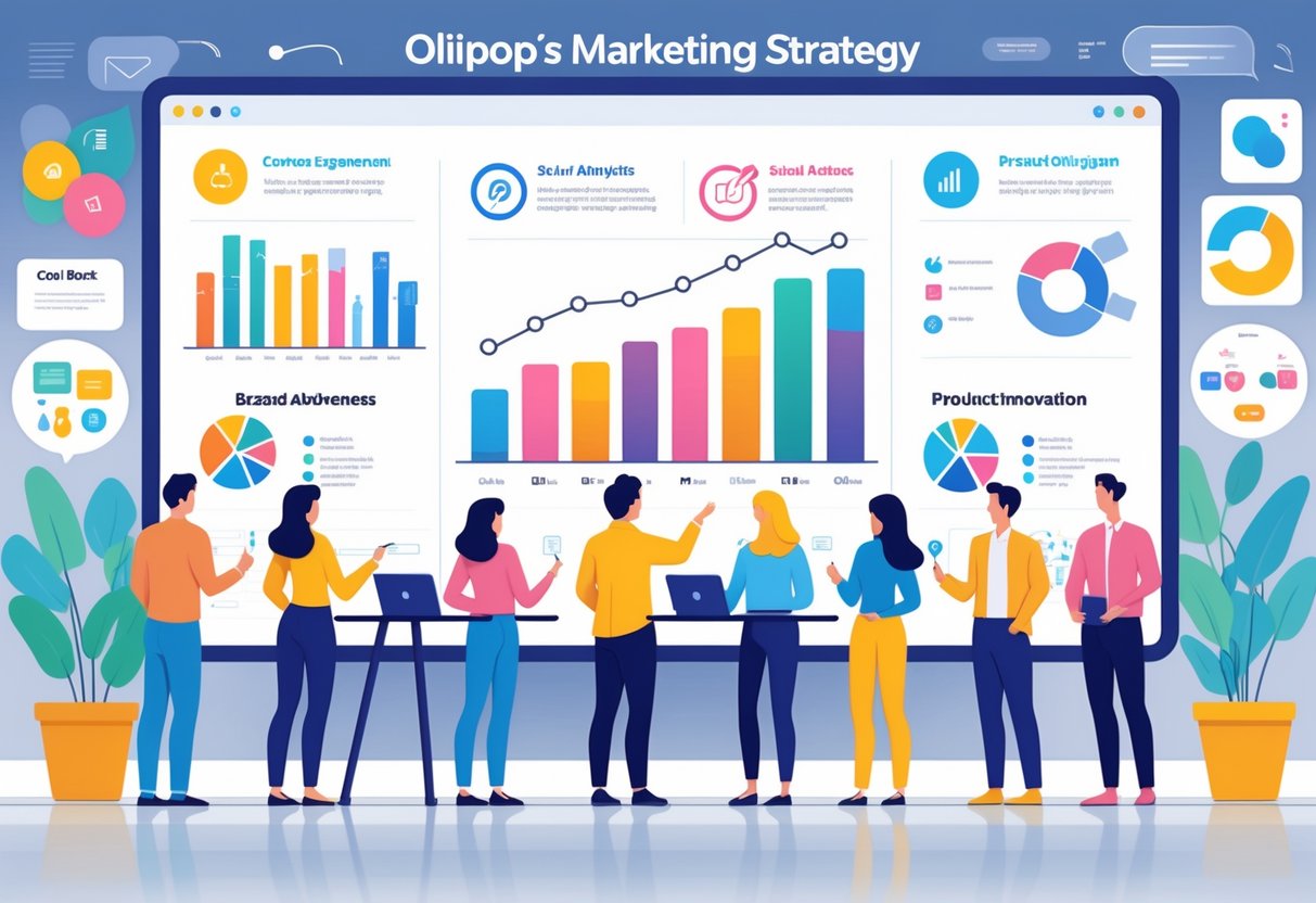 A team of marketing professionals collaborating around a digital whiteboard displaying charts and icons representing key marketing elements in a modern office.