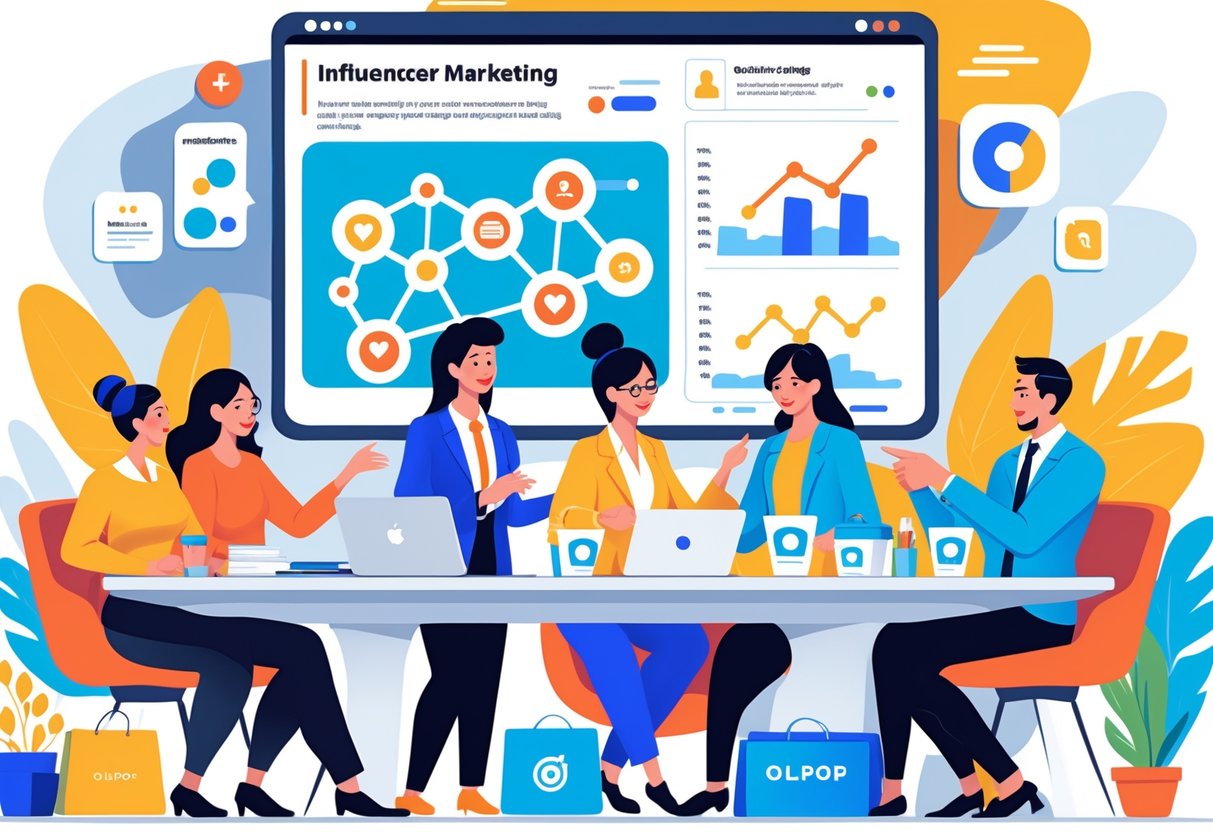 A group of professionals discussing marketing strategy around a conference table with social media icons and Olipop products visible.