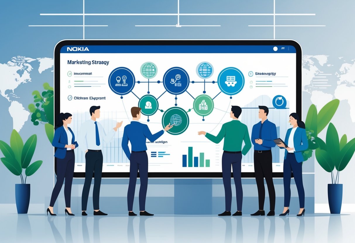 Business professionals collaborating around a digital display showing icons related to marketing strategy in a modern office setting.