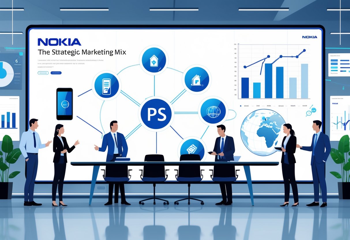 A group of business professionals discussing marketing strategy around a digital whiteboard showing icons for product, price, place, and promotion in a modern office.
