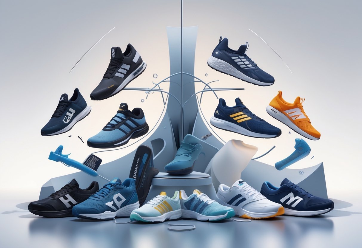 An illustration showing various sports shoes and apparel representing top Nike competitors arranged around a central sportswear theme.