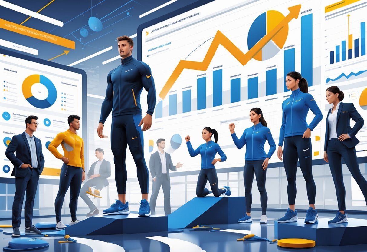 Athletes and business professionals in a modern setting with a podium shaped like a market graph, surrounded by data charts and sports equipment, representing competition and brand differentiation.