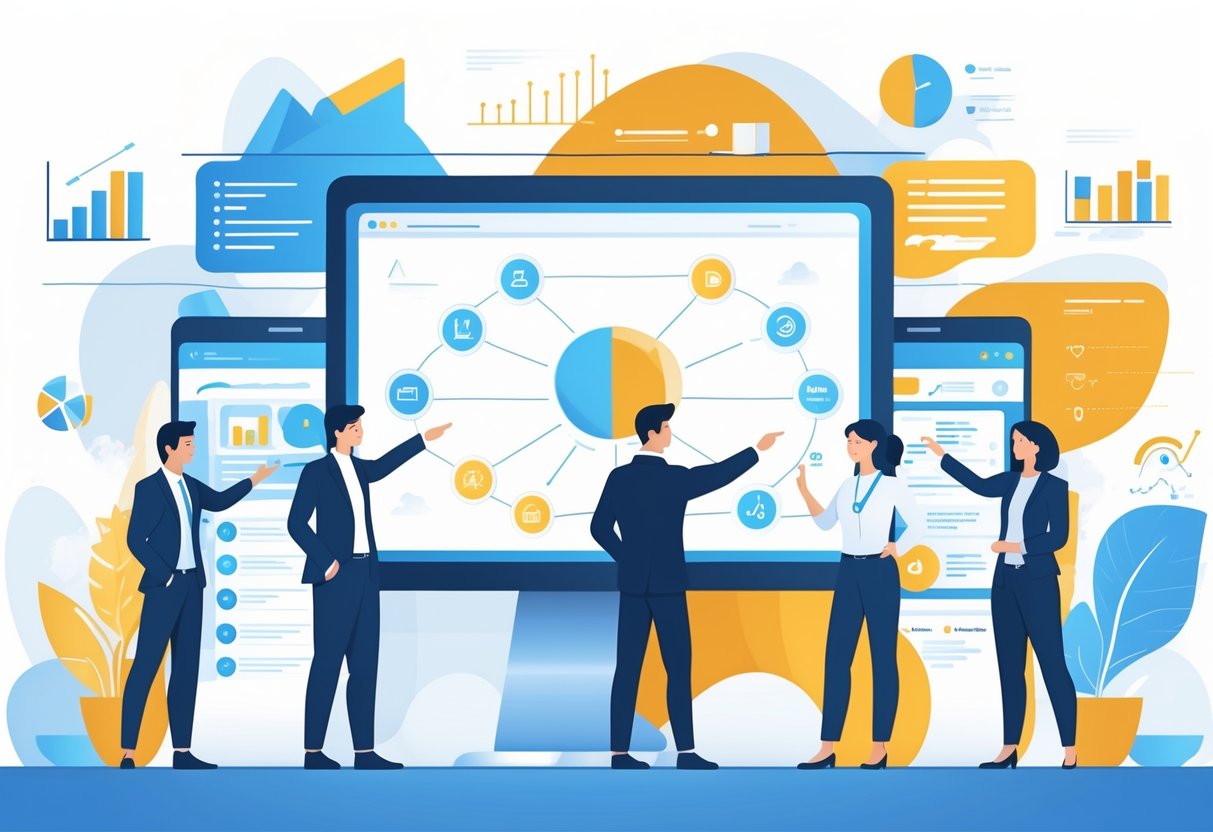 A group of professionals collaborating around a digital display showing interconnected icons representing marketing strategy elements in a modern office.