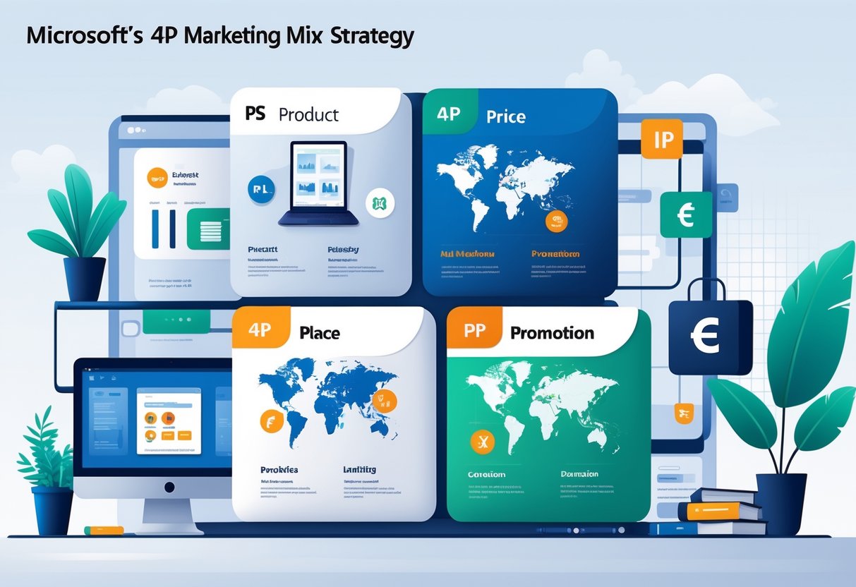 An illustration showing four sections representing product, price, place, and promotion in a business setting with technology devices, price tags, a global map, and marketing icons.