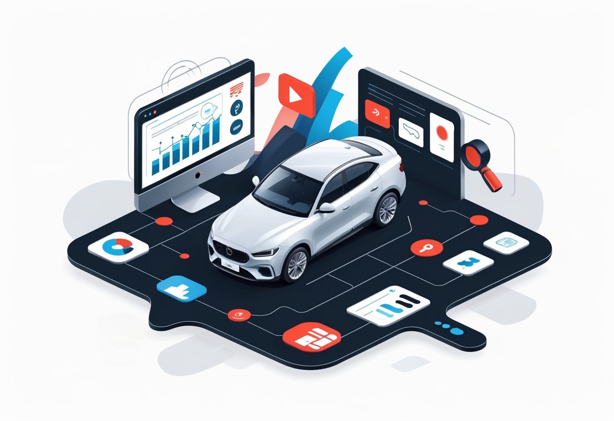 An illustration showing a modern car surrounded by icons representing marketing elements like digital ads, social media, customer relationships, market research, and brand awareness.