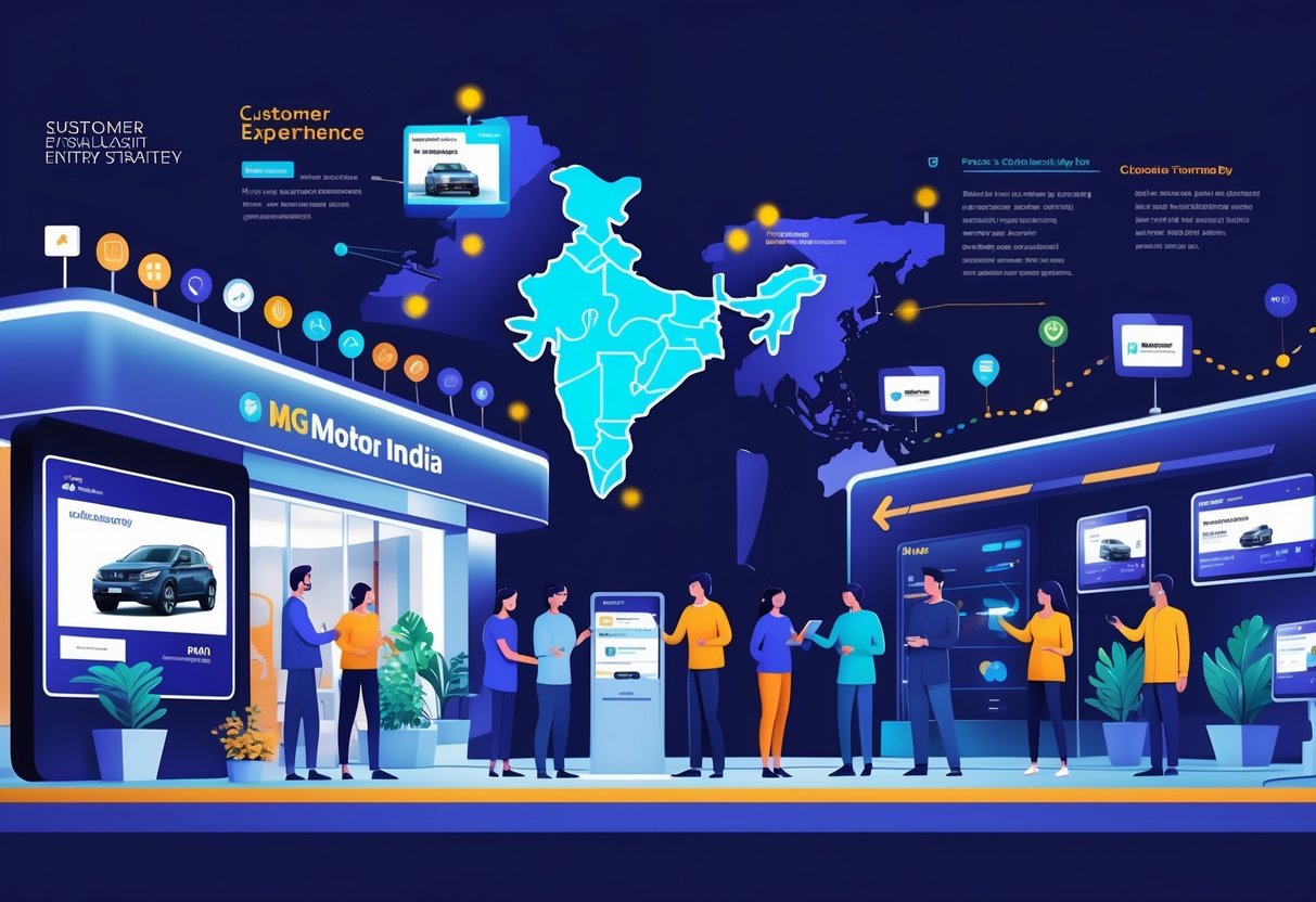 A modern car showroom with customers and sales staff, a digital map of India showing market locations, and visual elements representing marketing and customer engagement.