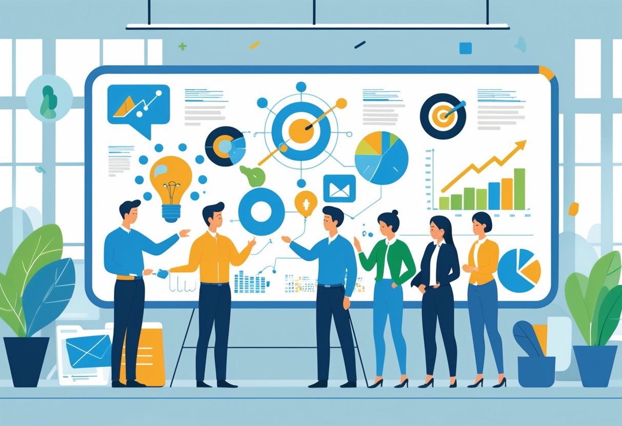 A team of marketing professionals collaborating around a digital whiteboard showing icons representing advertising, targeting, creativity, analytics, sales, and global reach in a modern office.