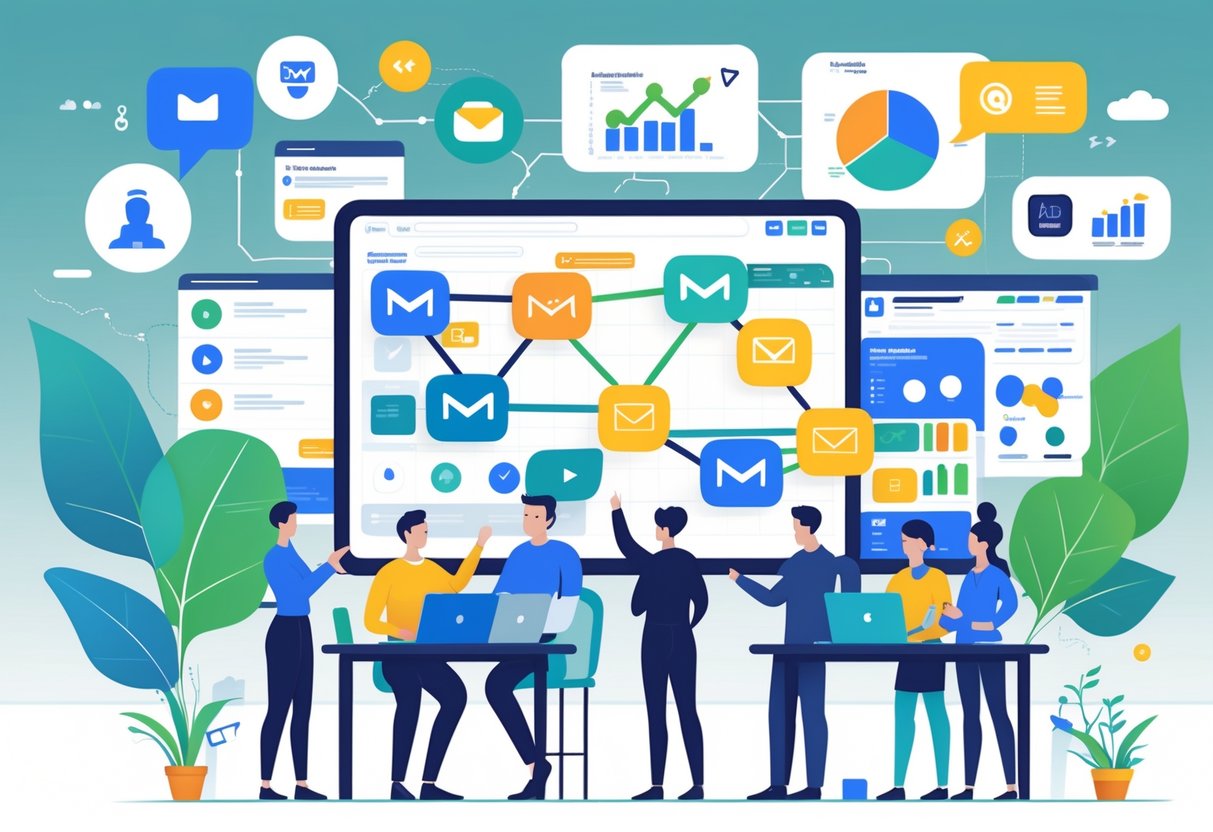 A modern office scene showing professionals working around a digital dashboard with icons representing different marketing campaign types connected by lines, surrounded by charts and communication symbols.