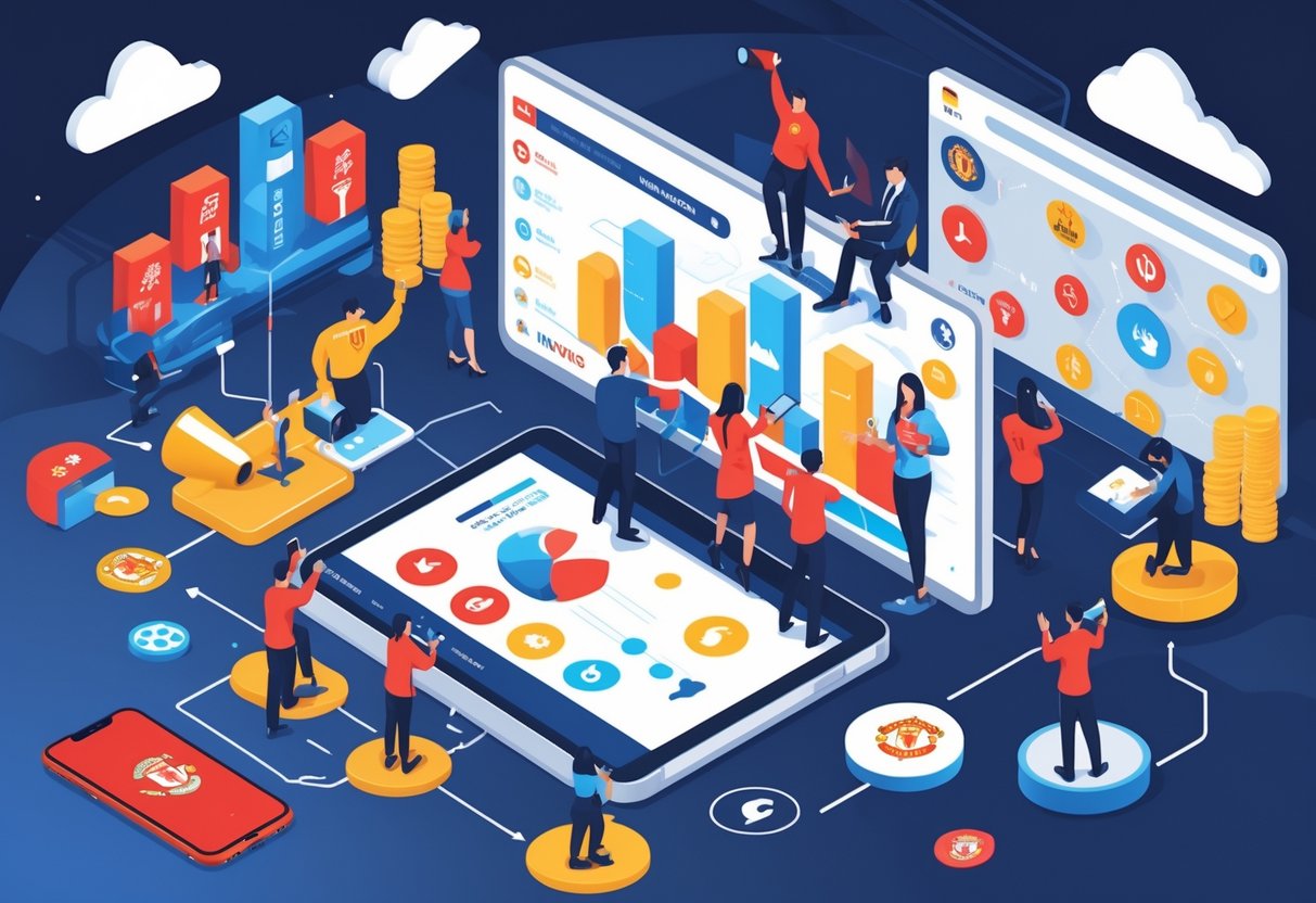 A group of marketing professionals collaborating around a digital table with charts and icons, with a stadium visible in the background.