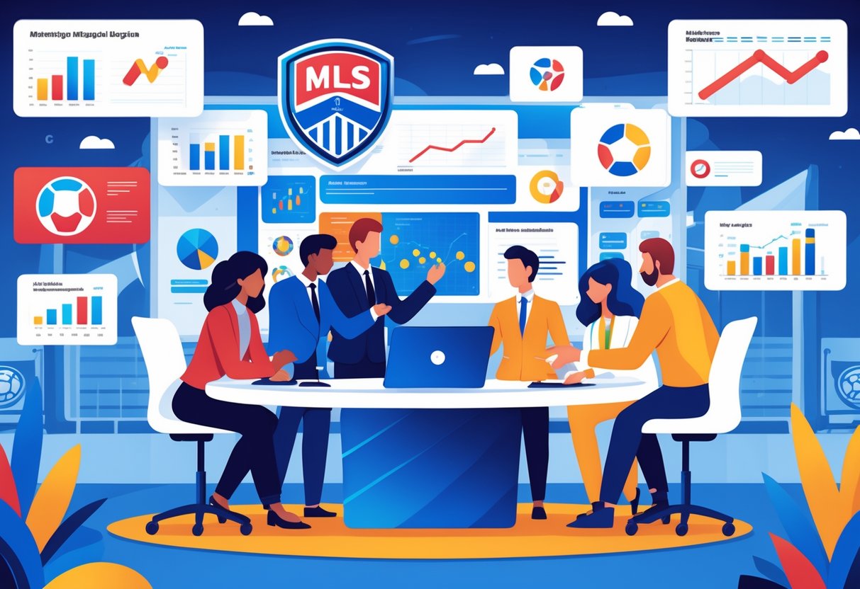 A team of marketing professionals collaborating around a digital table with soccer graphics and data screens, with a stadium and cheering fans in the background.