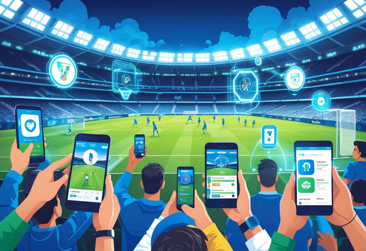 A group of soccer fans in a stadium using digital devices surrounded by holographic elements and a live soccer match happening on the field.