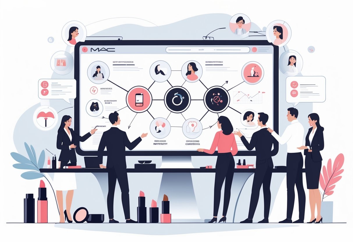A group of marketing professionals collaborating around a digital screen showing icons and charts related to marketing strategy, with makeup products on the desk.