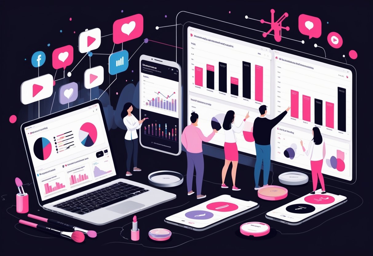 A team working together around digital devices displaying social media and marketing data, surrounded by makeup items like lipstick and brushes.