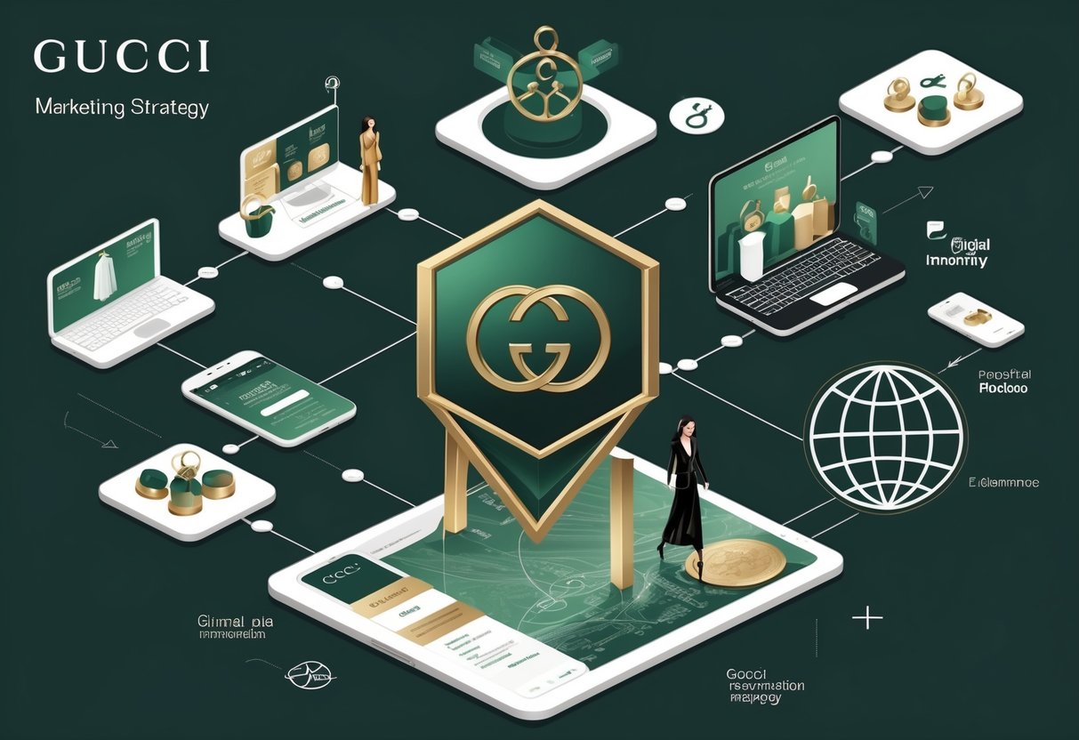 An illustration showing interconnected symbols representing key aspects of a luxury fashion brand's marketing strategy, including fashion, digital devices, diverse customers, and global reach.