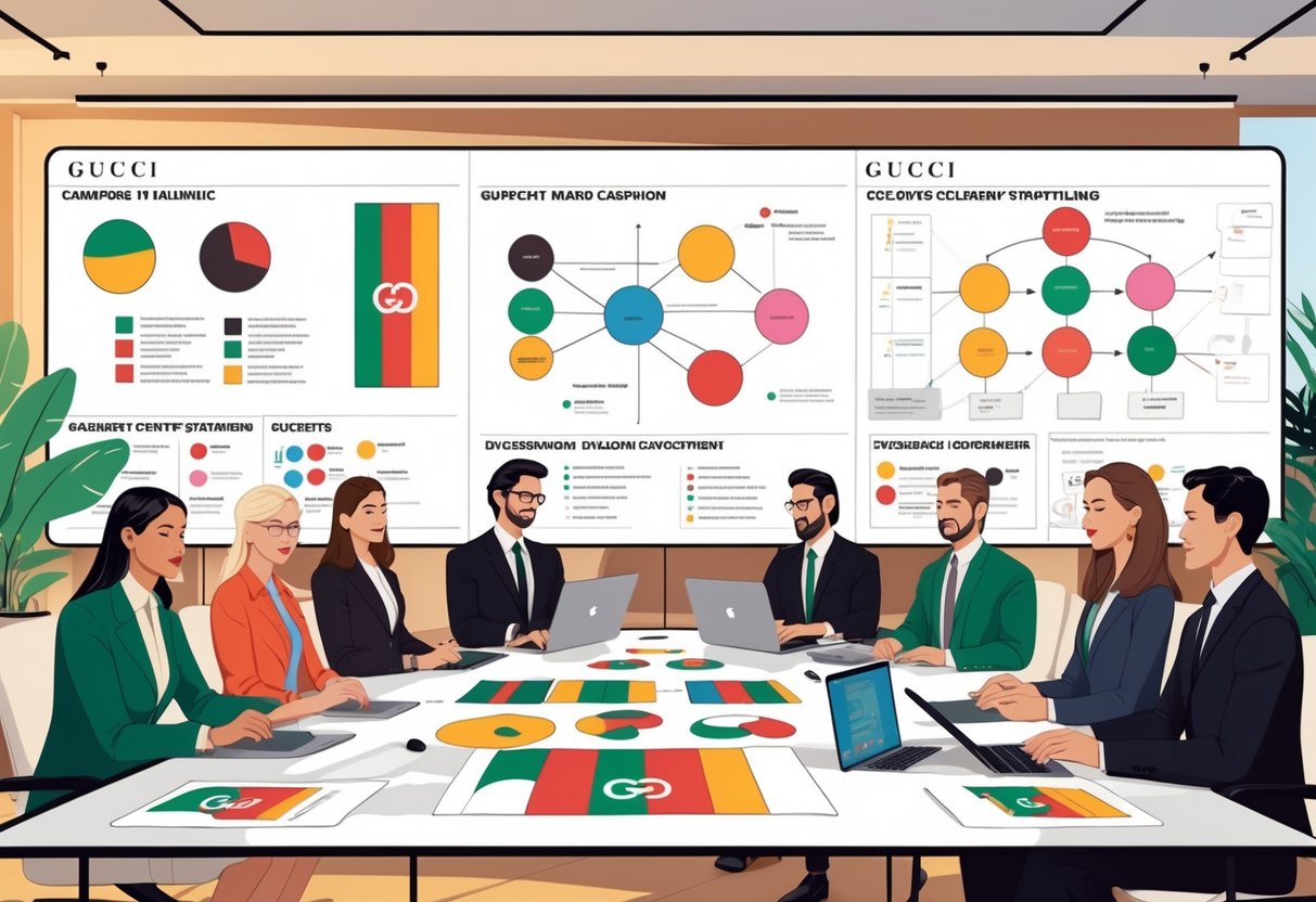 A group of professionals collaborating around a conference table with digital devices and design boards in a modern office setting.