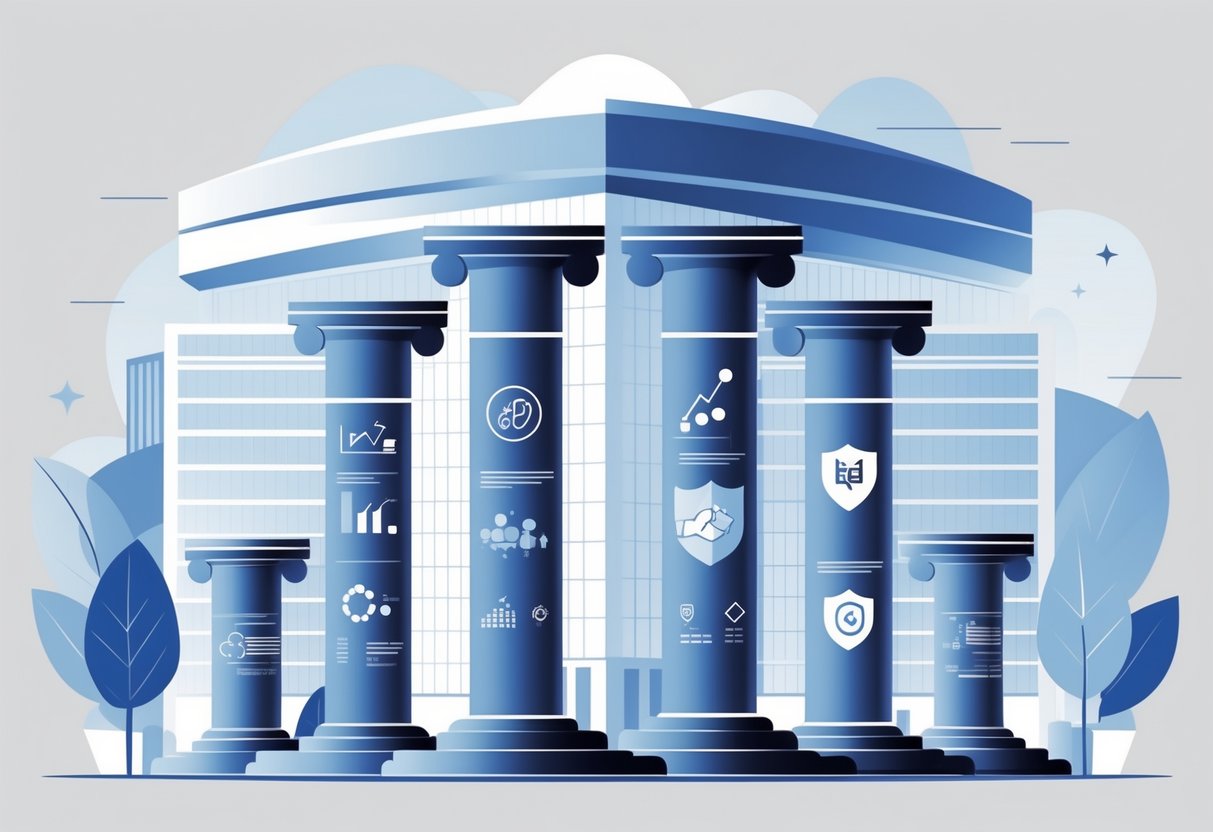 Illustration of four pillars in front of a corporate building, each representing key elements of a marketing strategy with related icons.