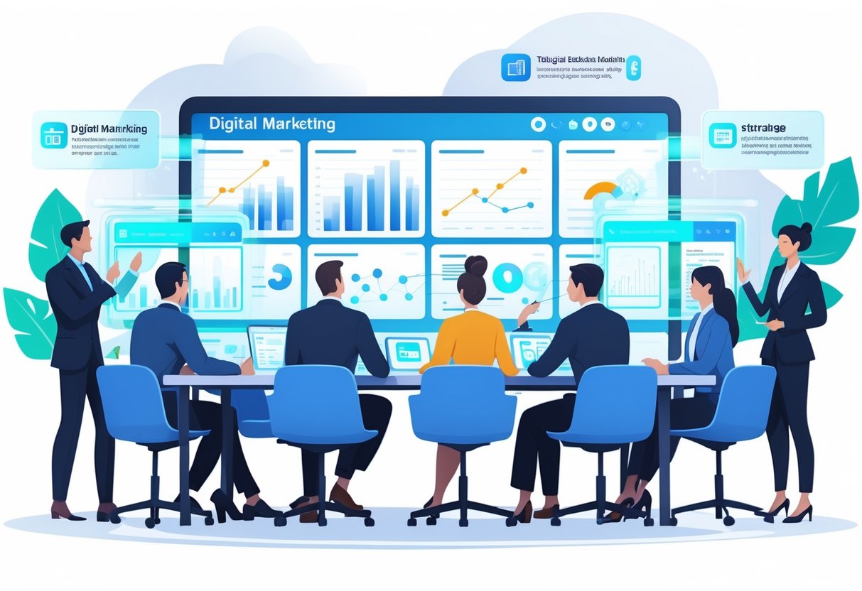 A group of business professionals collaborating around a conference table with digital marketing charts and data displayed on holographic screens in a modern office.