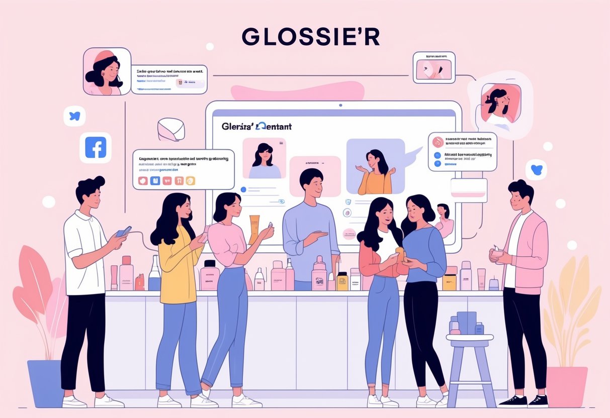 A group of young adults interacting with beauty products and digital screens in a bright, minimalist setting that represents a modern marketing strategy.