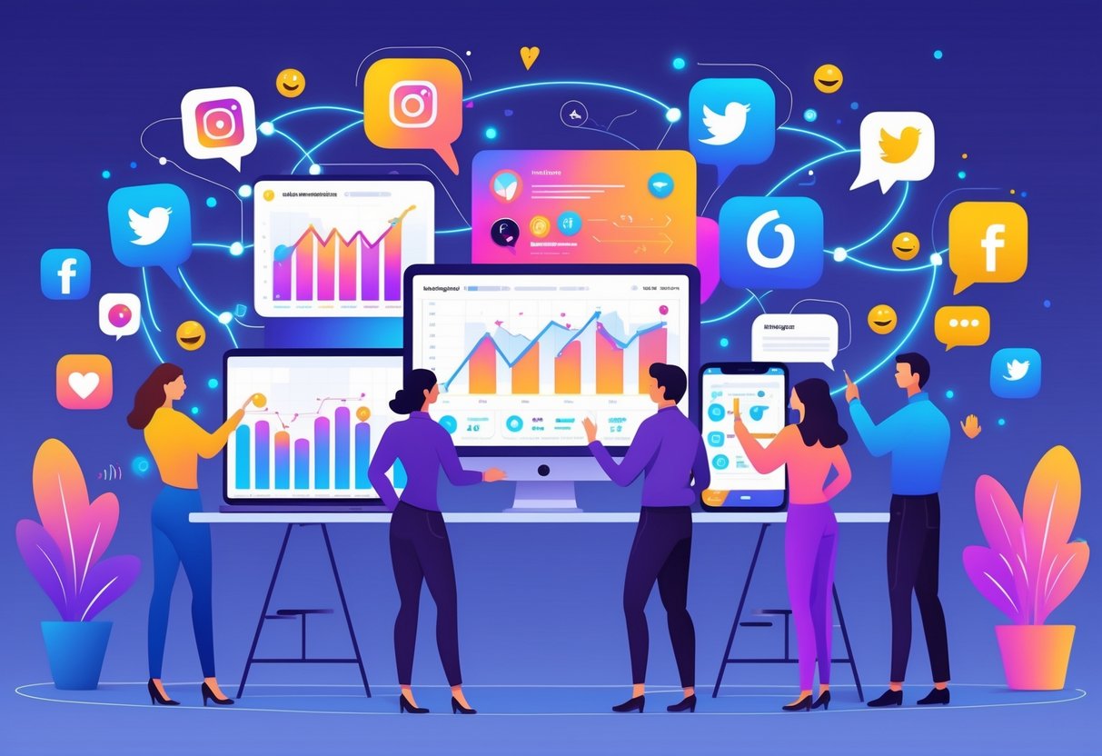 A team of professionals working together at a desk with laptops and devices showing social media analytics and engagement icons.
