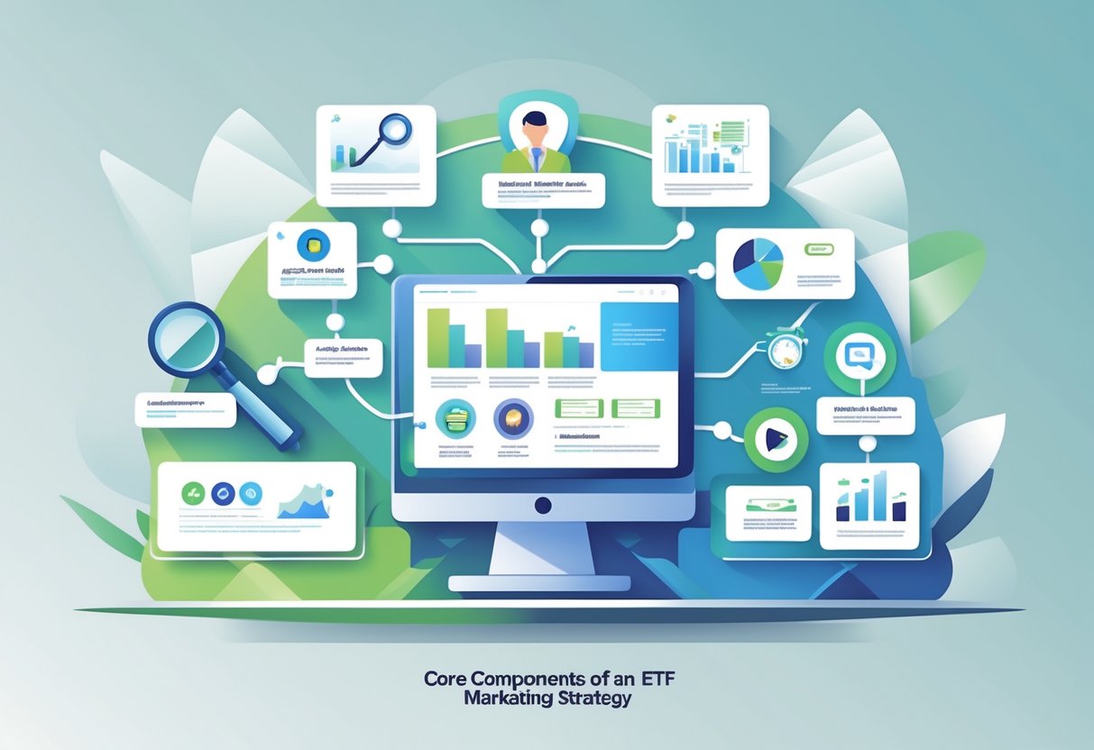 An illustration showing interconnected icons representing different parts of an ETF marketing strategy, including research, audience, advertising, content, social media, and analytics.