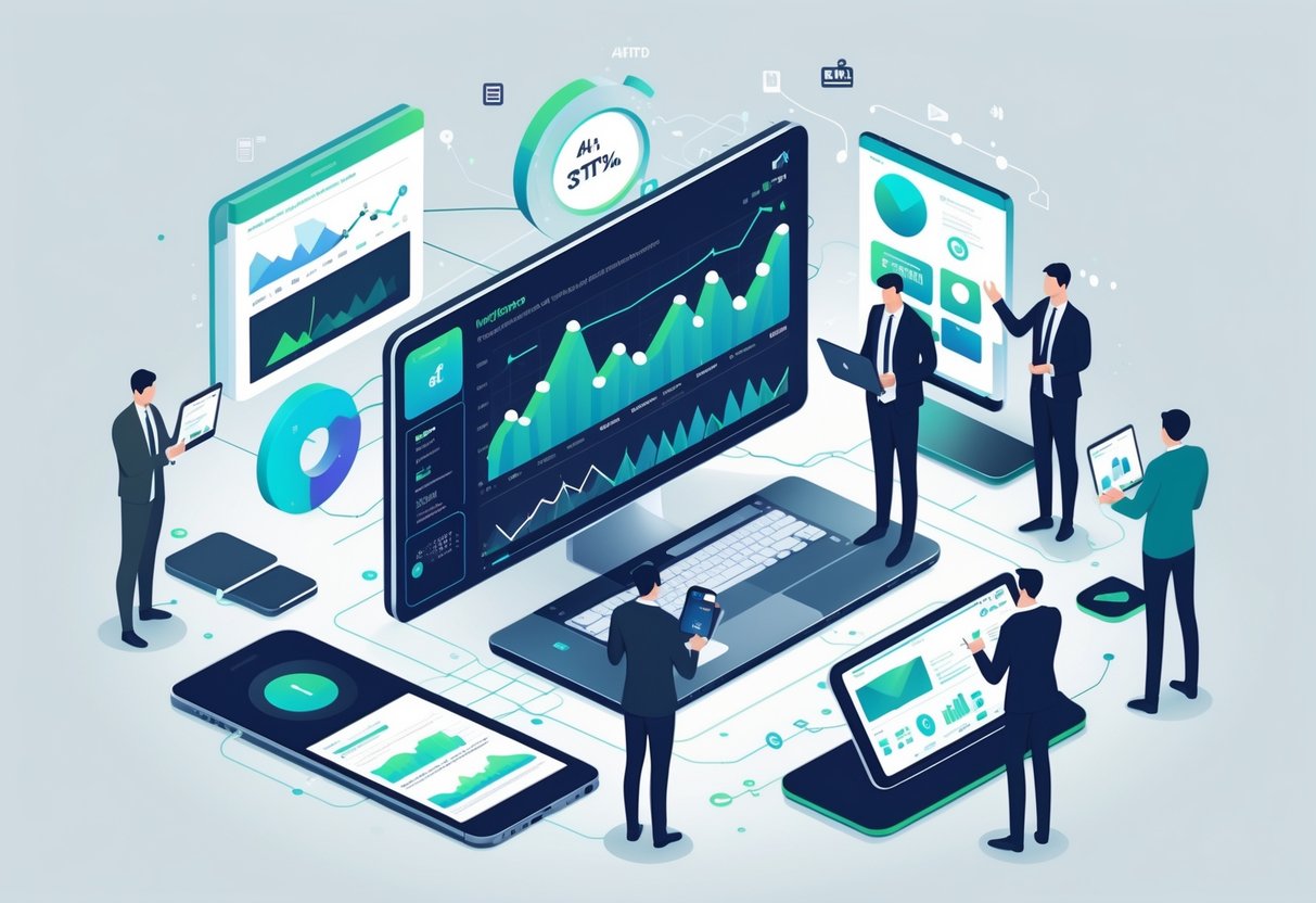 A group of professionals interacting with digital devices and a central dashboard showing charts and analytics, representing a multi-channel marketing strategy.