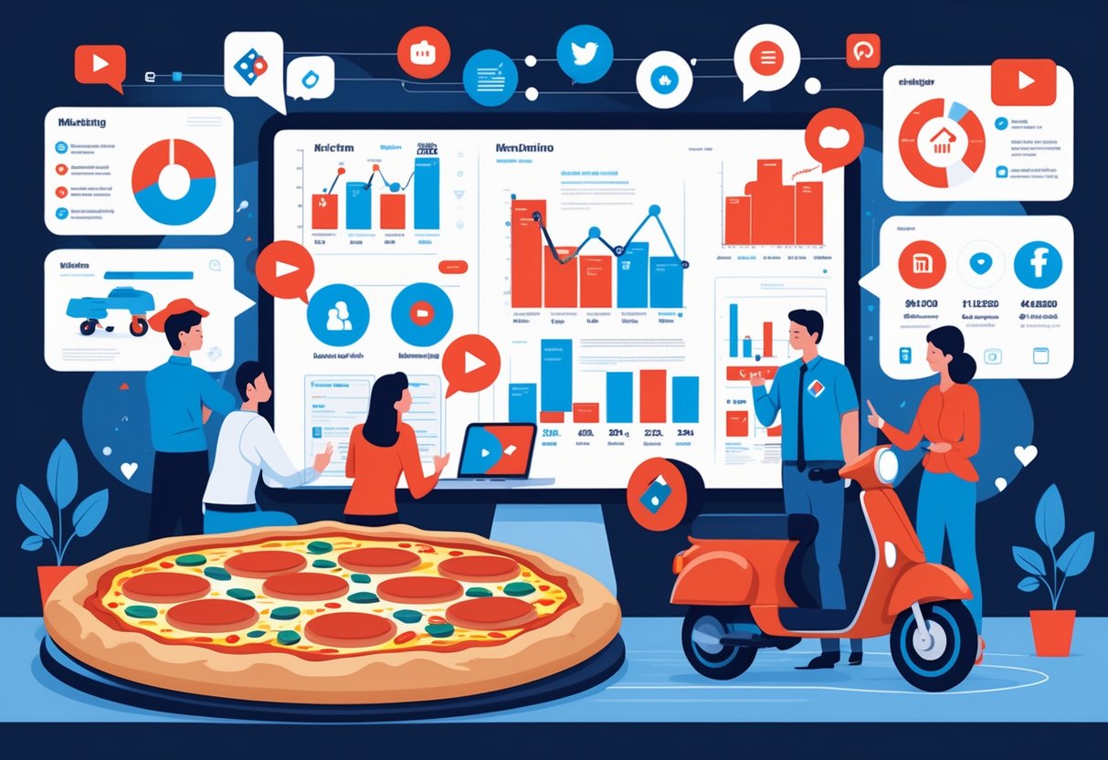 A team of marketing professionals working together in an office with visuals of pizza, delivery scooter, mobile app, and charts representing Domino’s Pizza marketing strategy.