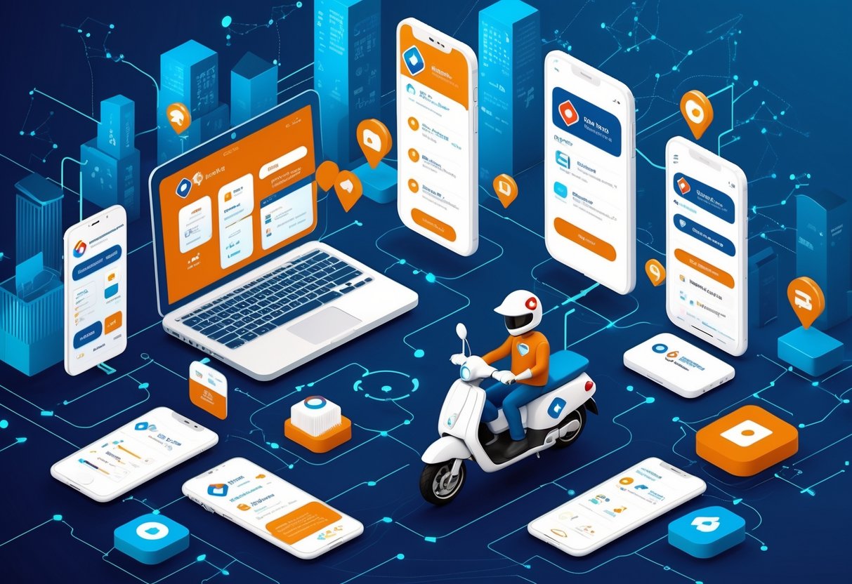 A city scene showing a Domino’s delivery scooter with smart devices, multiple digital screens with pizza ordering apps, and network connections representing integrated delivery and omnichannel technology.