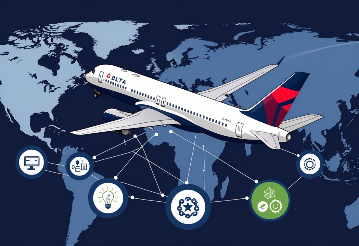 An airplane flying over a city with icons representing customer engagement, brand loyalty, digital marketing, innovation, and sustainability connected around it.