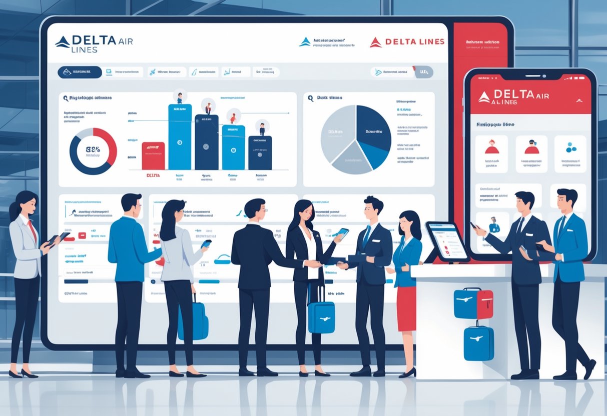 An airport scene showing diverse passengers interacting with digital displays and airline staff providing personalized services, highlighting customer experience and market segmentation.