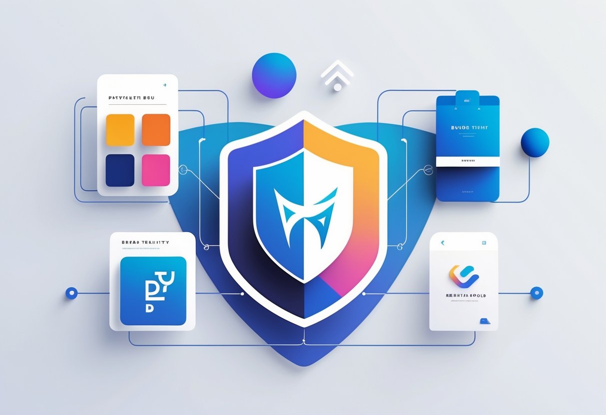 An illustration showing key components of brand identity including a shield emblem, color swatches, typography samples, a logo mark, and product packaging connected by lines.