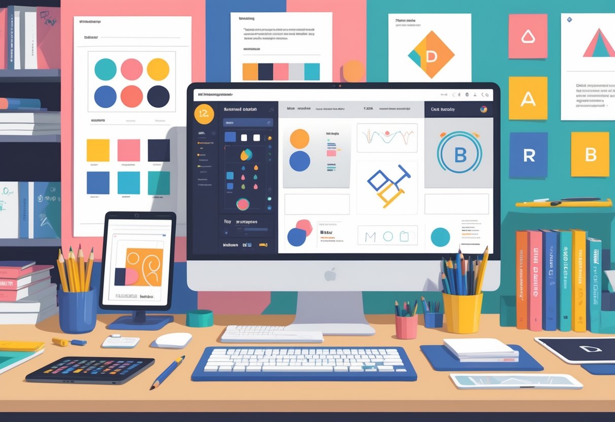 A designer's workspace with branding materials, sketches, color swatches, and a computer showing logo designs.