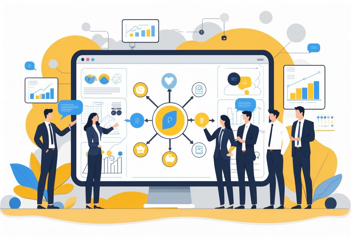 A group of professionals collaborating around a digital screen displaying interconnected icons representing key marketing strategy elements in a modern office setting.