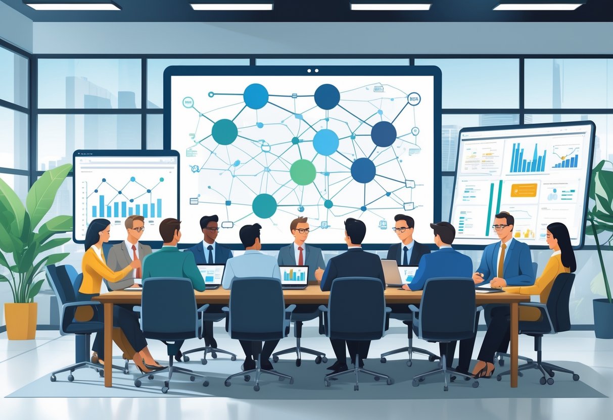 A group of business professionals collaborating around a table with digital devices and charts in a modern office.