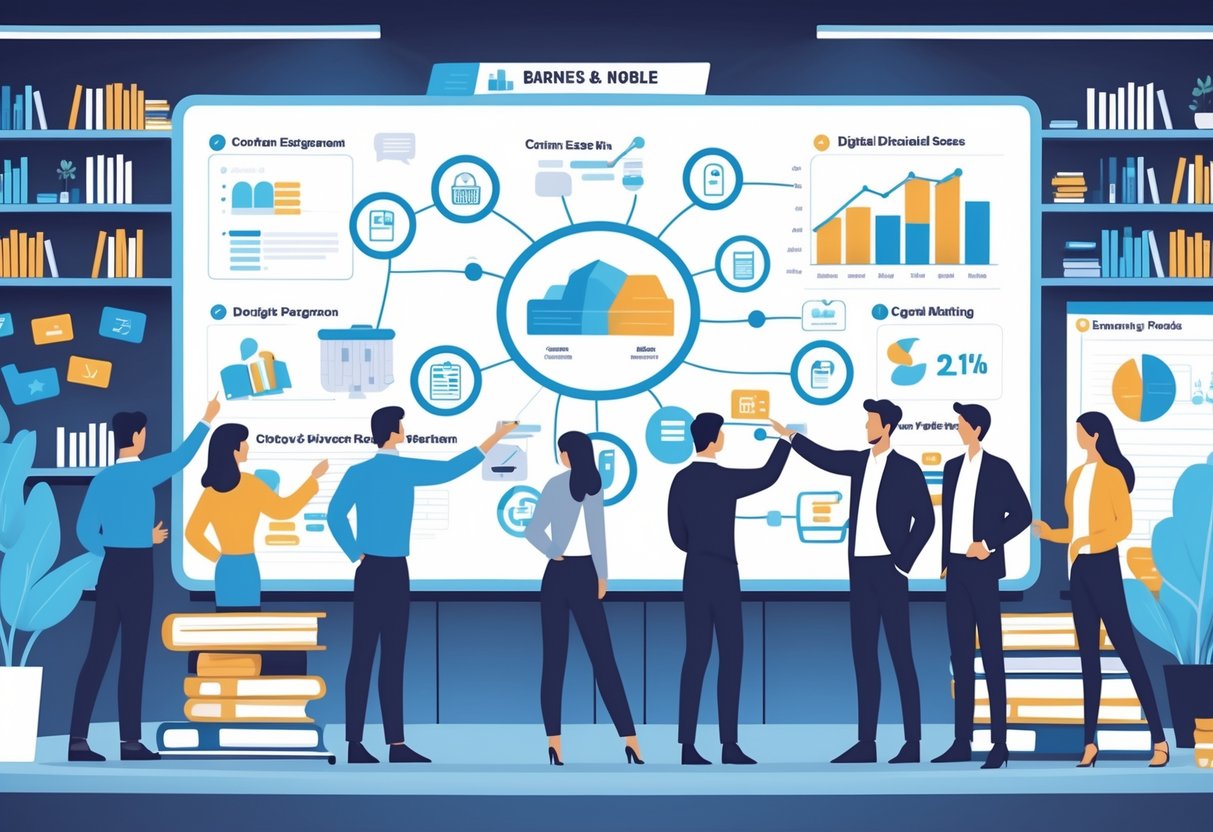 A group of professionals collaborating around a digital whiteboard showing icons and charts related to marketing strategy in an office with bookshelves in the background.