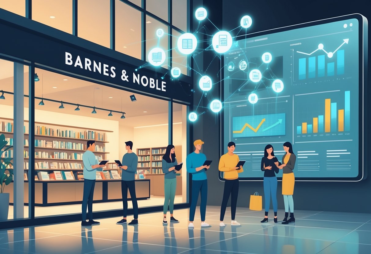 A modern bookstore with customers using digital devices outside, surrounded by floating icons and digital charts representing online engagement and marketing strategies.