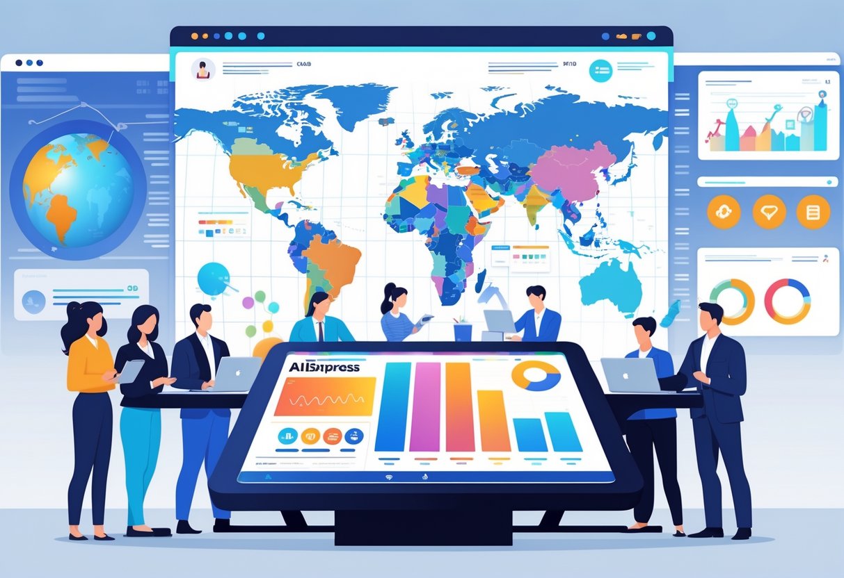 A team of marketing professionals collaborating around a digital table displaying charts and data related to global e-commerce strategies.