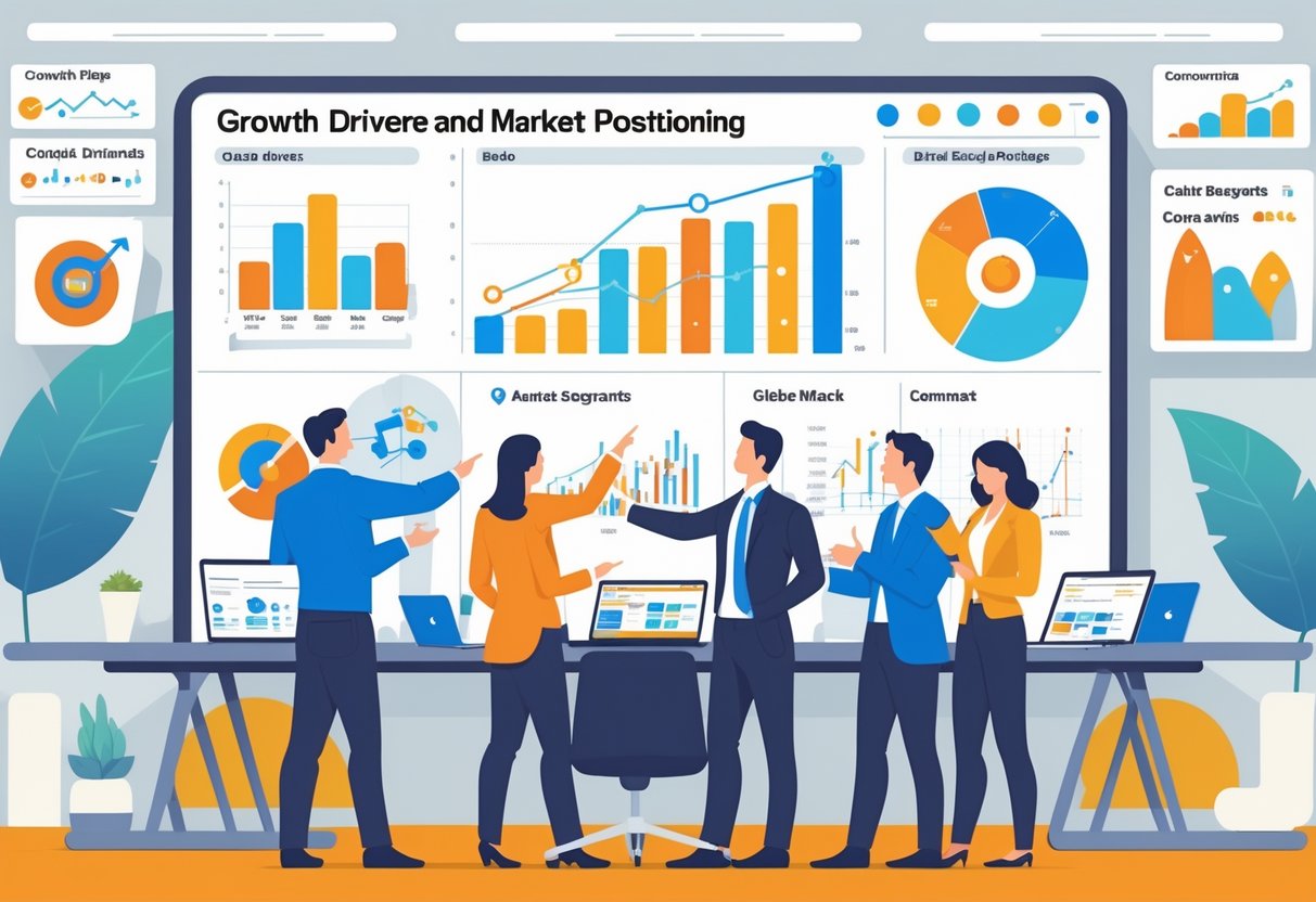 Business professionals analyzing charts and data on screens in a modern office, illustrating market growth and strategic planning.