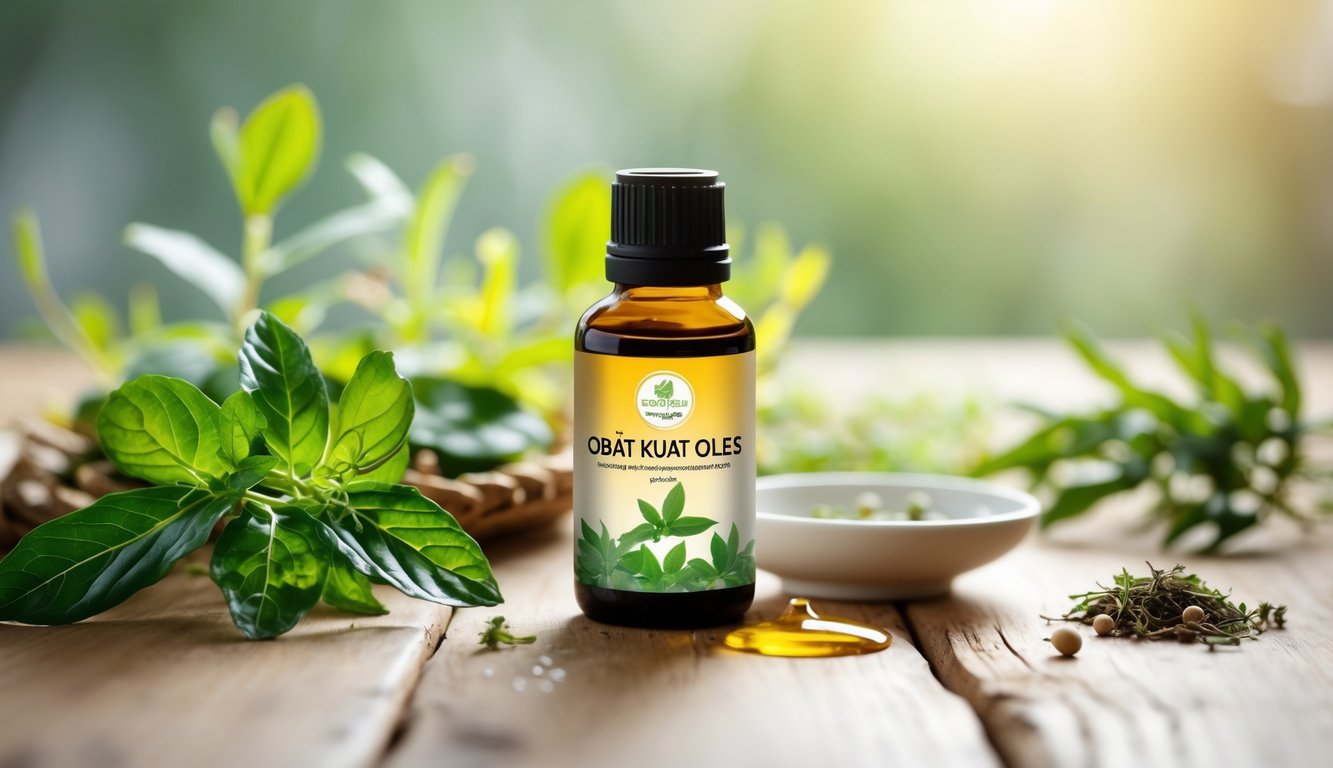 Botol minyak herbal kecil di atas meja kayu dengan daun hijau dan tanaman obat di sekitarnya.