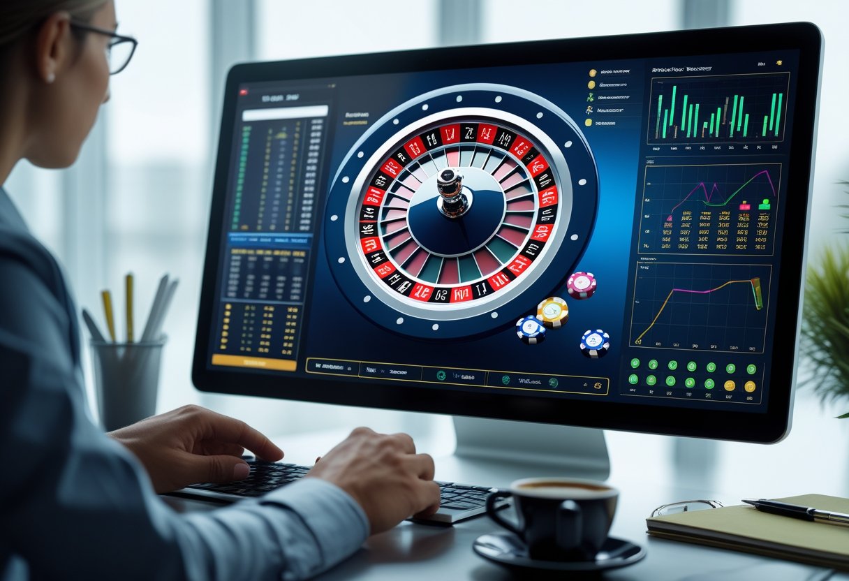 Close-up of a computer screen showing a digital roulette wheel and data charts, with hands interacting in a modern office setting.