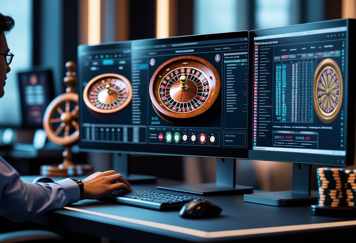 A person working at a computer with multiple screens showing roulette wheels and strategy charts in a modern office setting.