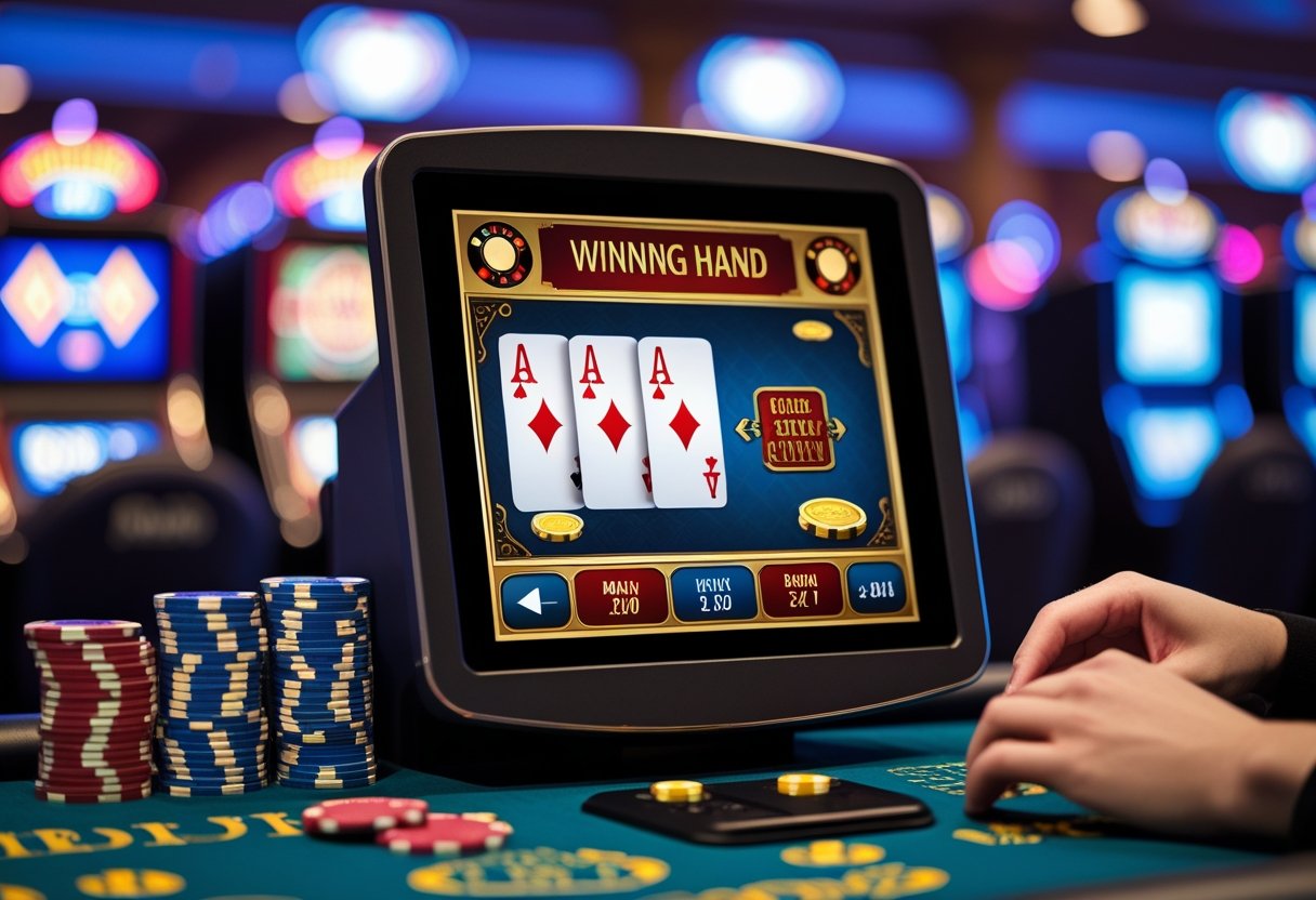Close-up of a video poker machine showing a winning hand with aces and face cards, poker chips, and a player's hand ready to play.