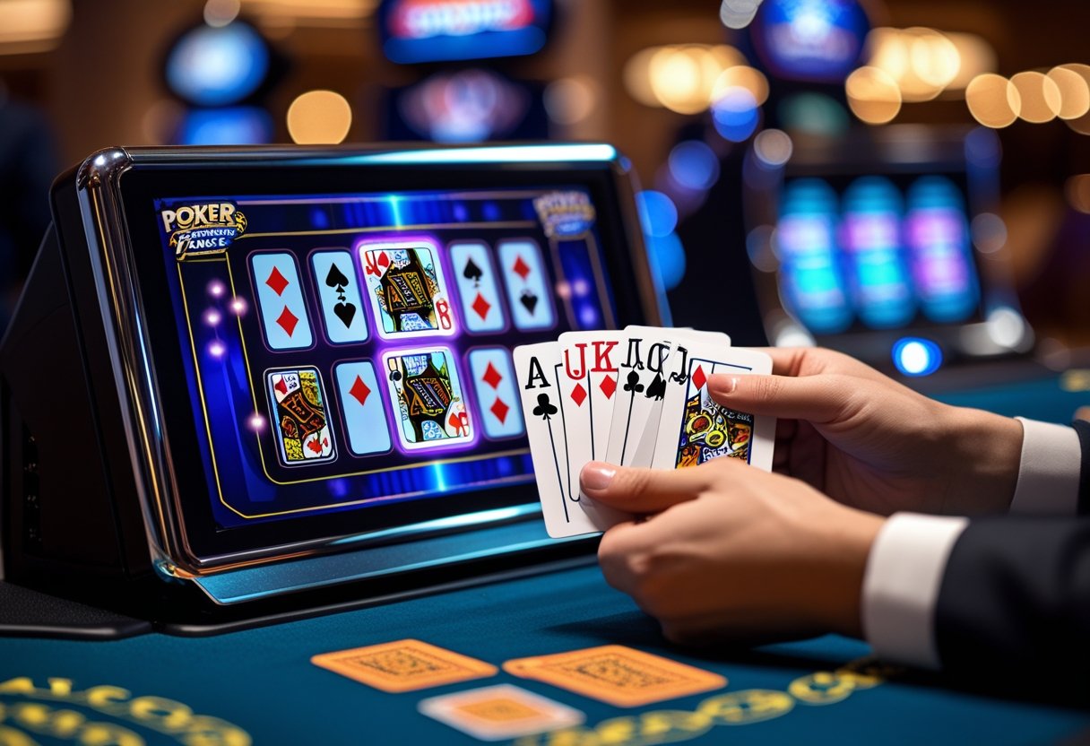 Close-up of hands holding playing cards showing aces and face cards at a video poker machine in a casino setting.