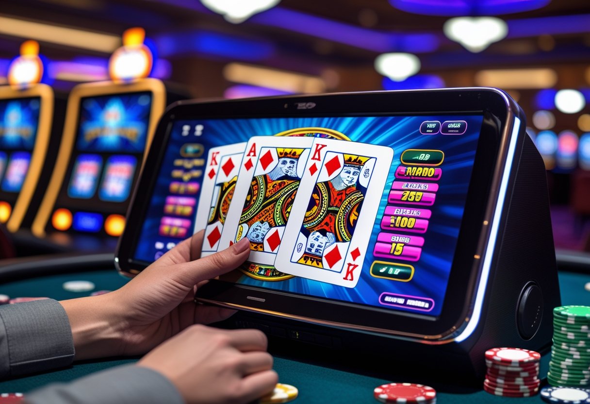 A video poker machine screen showing playing cards with aces and face cards on a casino table with poker chips.